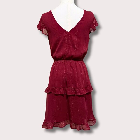 By & By Burgundy Shimmer Flutter Sleeve Holiday Party Dress – Size S | Romantic - Picture 3 of 6
